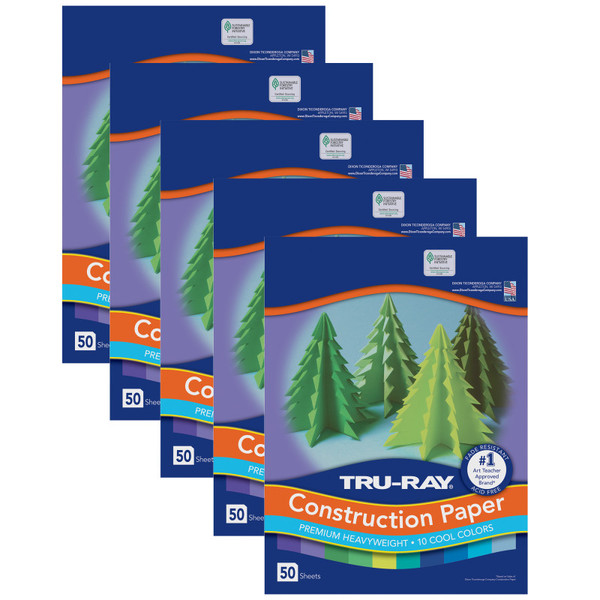 Tru-Ray Construction Paper, Heavyweight, Cool Assorted, 9" X 12", 50 Sheets Per Pack, 5 Packs PAC102942-5