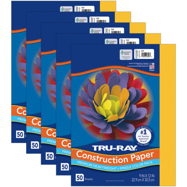 Tru-Ray Construction Paper, Heavyweight, Gold, 9" X 12", 50 Sheets Per Pack, 5 Packs PAC102997-5