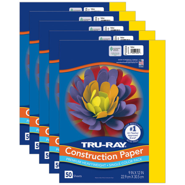 Tru-Ray Construction Paper, Heavyweight, Yellow, 9" X 12", 50 Sheets Per Pack, 5 Packs PAC103004-5