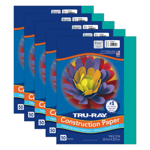 Tru-Ray Construction Paper, Heavyweight, Turquoise, 9" X 12", 50 Sheets Per Pack, 5 Packs PAC103007-5