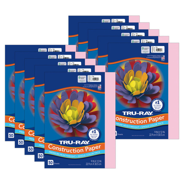 Tru-Ray Construction Paper, Heavyweight, Pink, 9" X 12", 50 Sheets Per Pack, 10 Packs PAC103012-10