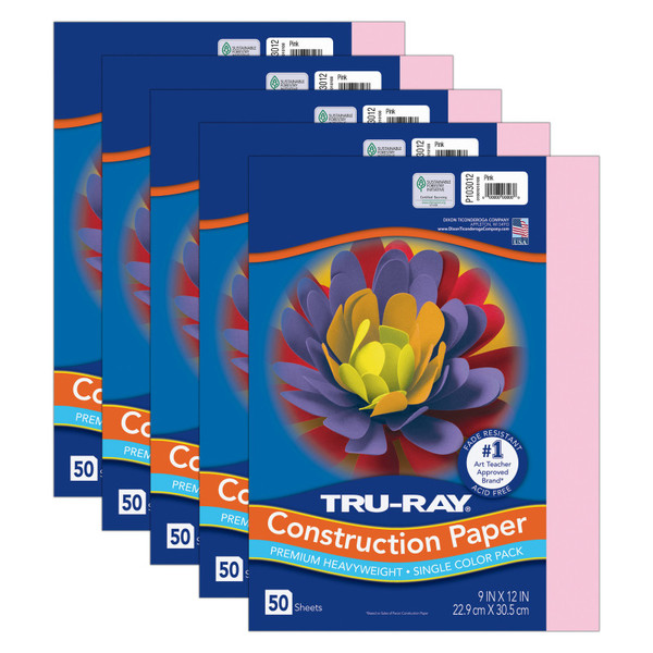 Tru-Ray Construction Paper, Heavyweight, Pink, 9" X 12", 50 Sheets Per Pack, 5 Packs PAC103012-5
