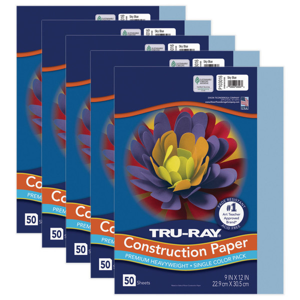 Tru-Ray Construction Paper, Heavyweight, Sky Blue, 9" X 12", 50 Sheets Per Pack, 5 Packs PAC103016-5