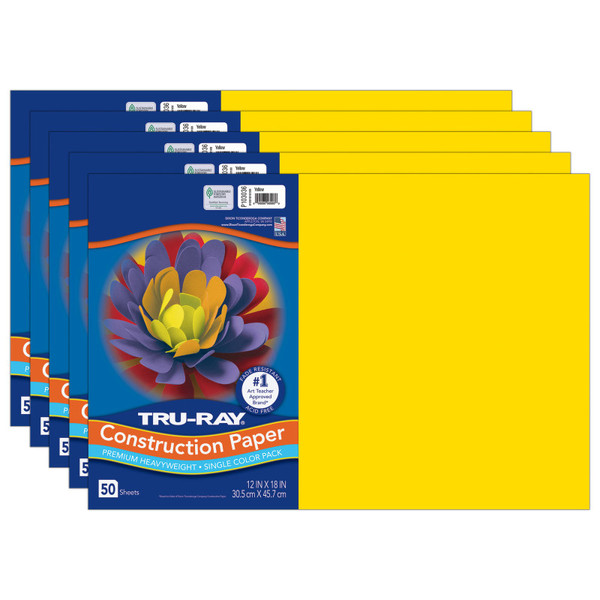 Tru-Ray Construction Paper, Heavyweight, Yellow, 12" X 18", 50 Sheets Per Pack, 5 Packs PAC103036-5