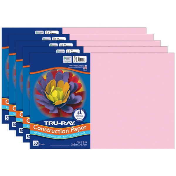 Tru-Ray Construction Paper, Heavyweight, Pink, 12" X 18", 50 Sheets Per Pack, 5 Packs PAC103044-5