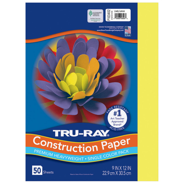 Tru-Ray Construction Paper, Heavyweight, Lively Lemon, 9" X 12", 50 Sheets PAC103402