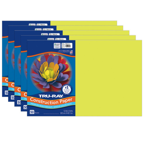 Tru-Ray Construction Paper, Heavyweight, Brilliant Lime, 12" X 18", 50 Sheets Per Pack, 5 Packs PAC103425-5