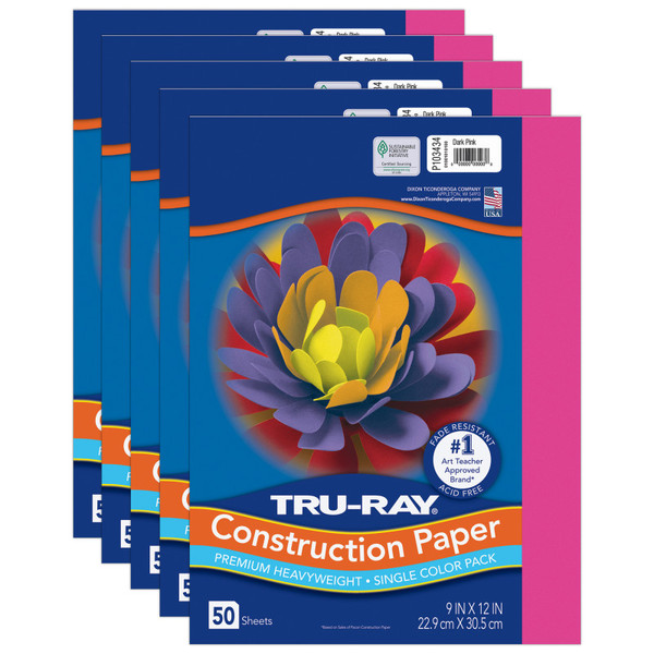 Tru-Ray Construction Paper, Heavyweight, Dark Pink, 9" X 12", 50 Sheets Per Pack, 5 Packs PAC103434-5