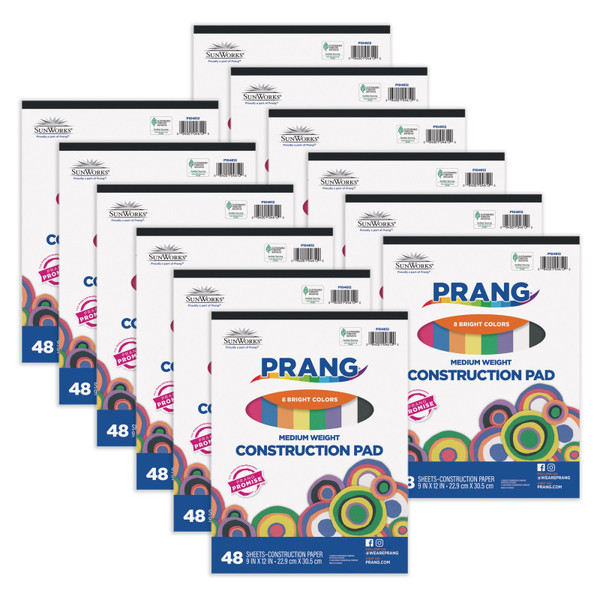 Prang Construction Paper Pad, Medium Weight, 8 Assorted Colors, 9" X 12", 48 Sheets, Pack Of 12 PAC104612-12