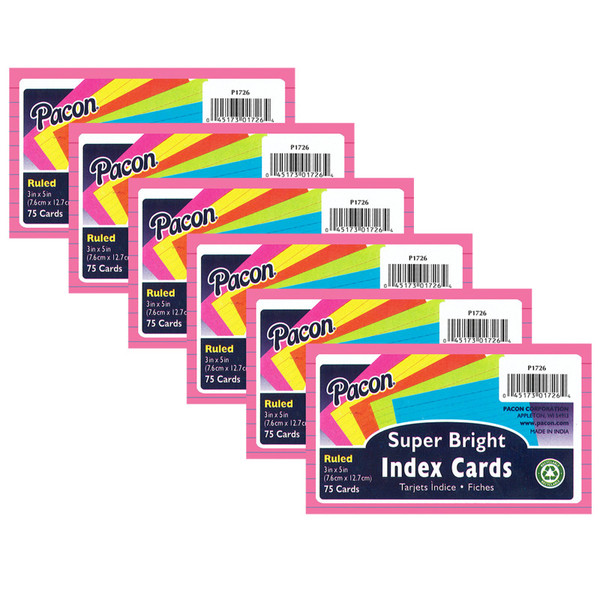 Pacon Index Cards, 5 Super Bright Assorted Colors, 0.25" Ruled, 3" X 5", 75 Cards Per Pack, 6 Packs PAC1726-6