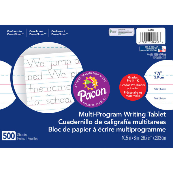 Pacon Multi-Program Handwriting Paper, 1-1/8" Ruled (Long Way), White, 10-1/2" X 8", 500 Sheets PAC2418