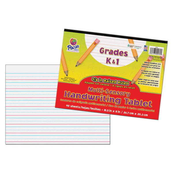 Pacon Multi-Sensory Raised Ruled Tablet, Tape Bound, 5/8" X 5/16" X 5/16" Ruled Long, 10-1/2" X 8", 40 Sheets PAC2470