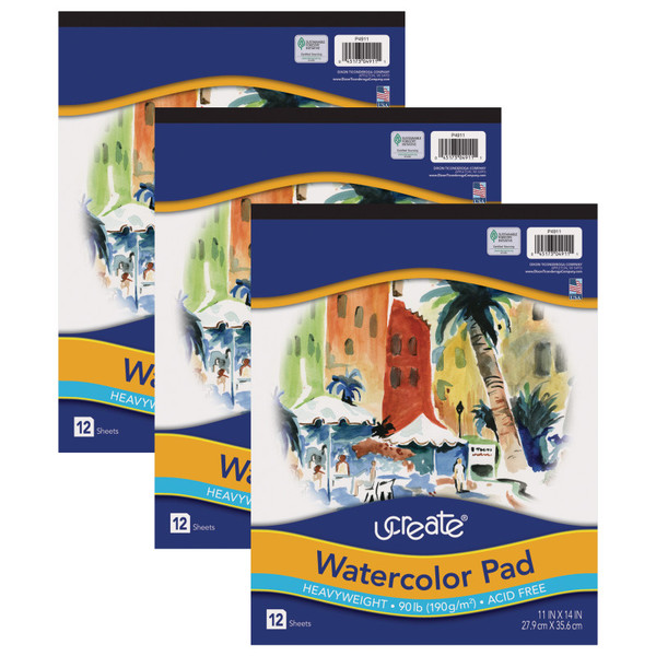 Ucreate Watercolor Pad, 90 Lb., 11" X 14", 12 Sheets, Pack Of 3 PAC4911-3