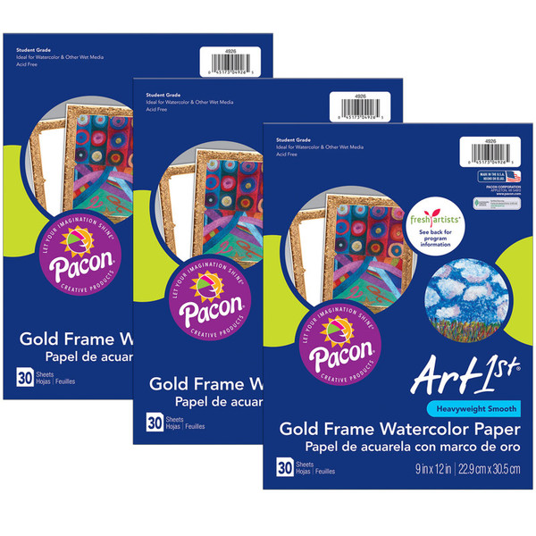 Ucreate Watercolor Paper, Gold Frame, 9" X 12", 30 Sheets Per Pack, 3 Packs PAC4926-3
