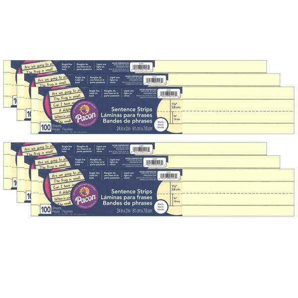 Pacon Sentence Strips, Manila, 3" X 24", 100 Strips Per Pack, 6 Packs PAC5157-6
