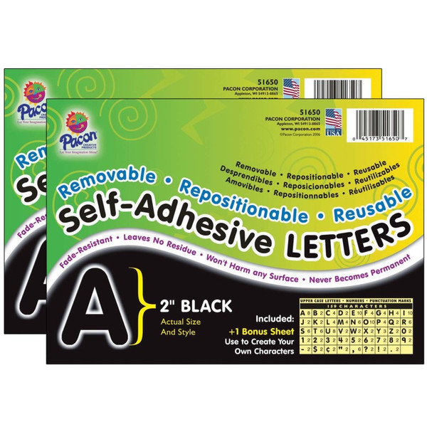 Pacon Self-Adhesive Letters, Black, Puffy Font, 2", 159 Characters Per Pack, 2 Packs PAC51650-2