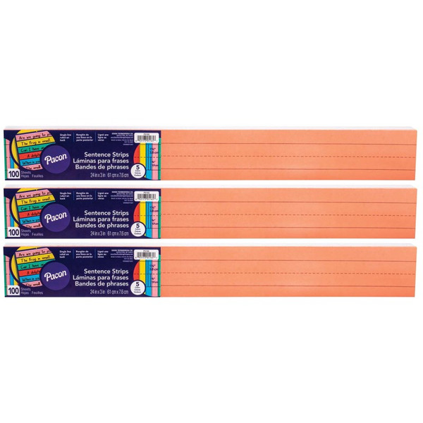 Pacon Sentence Strips, 5 Assorted Colors, 1-1/2" Ruled, 3" X 24", 100 Strips Per Pack, 3 Packs PAC5165-3
