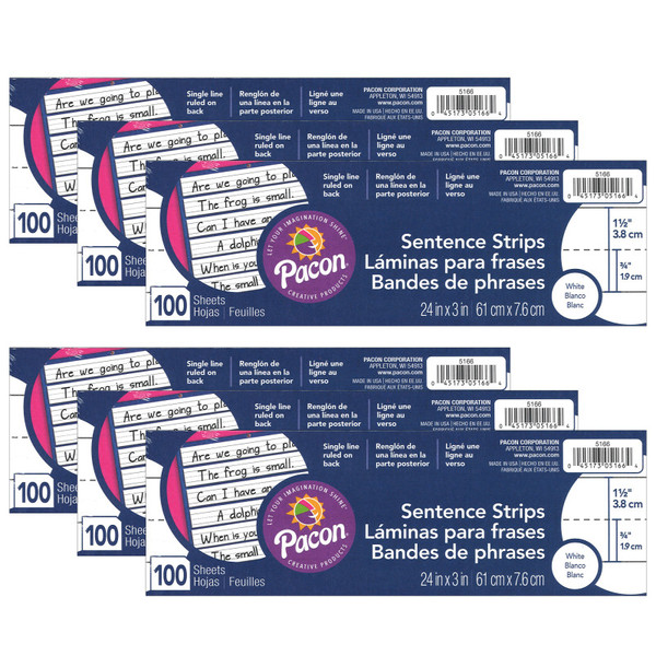 Pacon Sentence Strips, White, 1-1/2" Ruled, 3" X 24", 100 Strips Per Pack, 6 Packs PAC5166-6