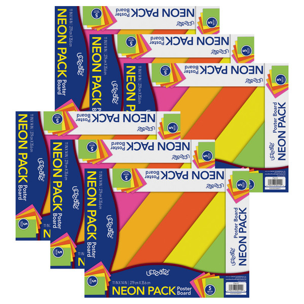 Ucreate Poster Board, 5 Assorted Colors, Neon, 11" X 14", 5 Sheets Per Pack, 6 Packs PAC5412-6