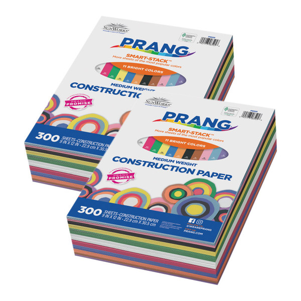 Prang Construction Paper Smart Stack 11 Colors, 11 Assorted Colors, 9" X 12", 300 Sheets Per Pack, 2 Packs PAC6525-2