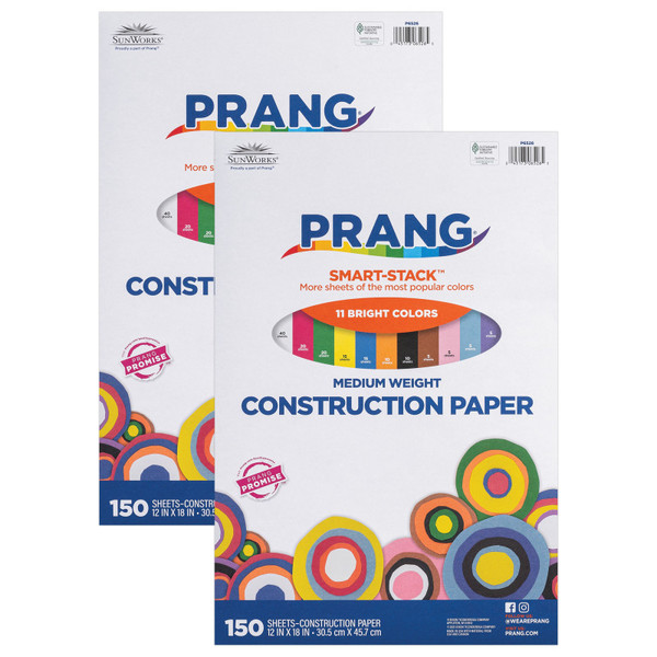 Prang Smart Stack Construction Paper, Medium Weight, 11 Assorted Colors, 12" X 18", 150 Sheets Per Pack, 2 Packs PAC6526-2