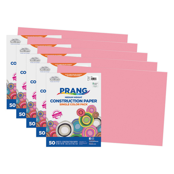 Prang Construction Paper, Medium Weight, Pink, 12" X 18", 50 Sheets Per Pack, 5 Packs PAC7007-5