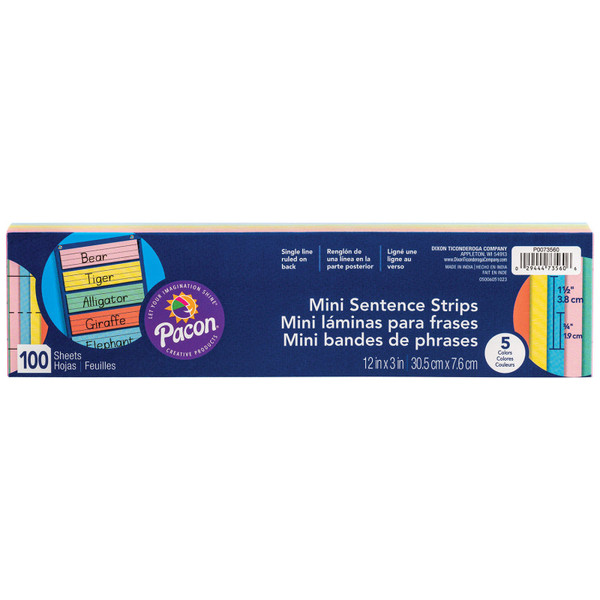 Pacon Mini Sentence Strips, 5 Assorted Colors, 1-1/2" X 3/4" Ruled, 3" X 12", 100 Strips PAC73560