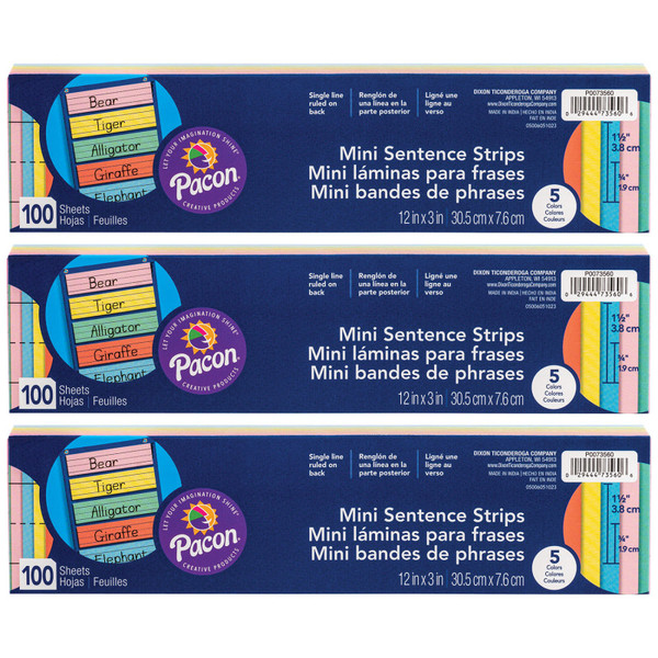 Pacon Mini Sentence Strips, 5 Assorted Colors, 1-1/2" X 3/4" Ruled, 3" X 12", 100 Per Pack, 3 Packs PAC73560-3
