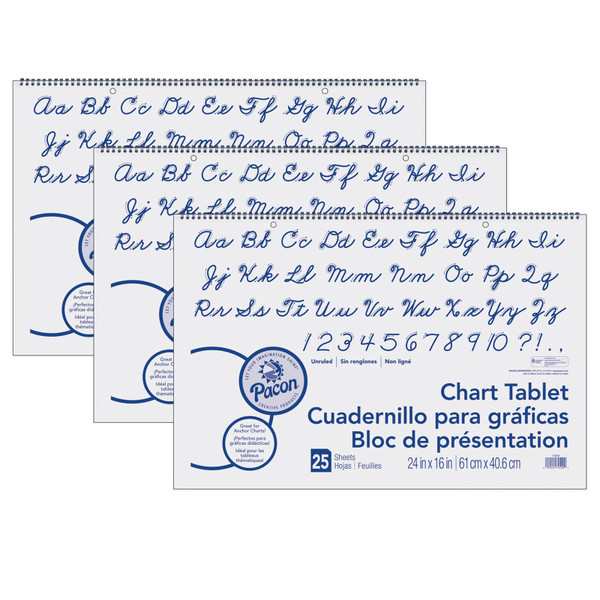 Pacon Chart Tablet, Cursive Cover, Unruled 24" X 16", 25 Sheets, 3 Tablets PAC74520-3