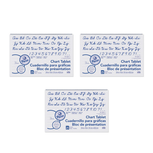 Pacon Chart Tablet, Cursive Cover, 1" Ruled, 24" X 16", 25 Sheets Per Tablet, 3 Tablets PAC74620-3