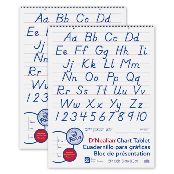 Pacon D'Nealian Chart Tablet, Manuscript Cover, 2" Ruled 24" X 32", 25 Sheets, Pack Of 2 PAC74730-2