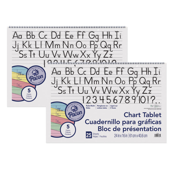 Pacon Colored Paper Chart Tablet, Manuscript Cover, 5 Assorted Colors, 1-1/2" Ruled, 24" X 16", 25 Sheets, Pack Of 2 PAC74734-2