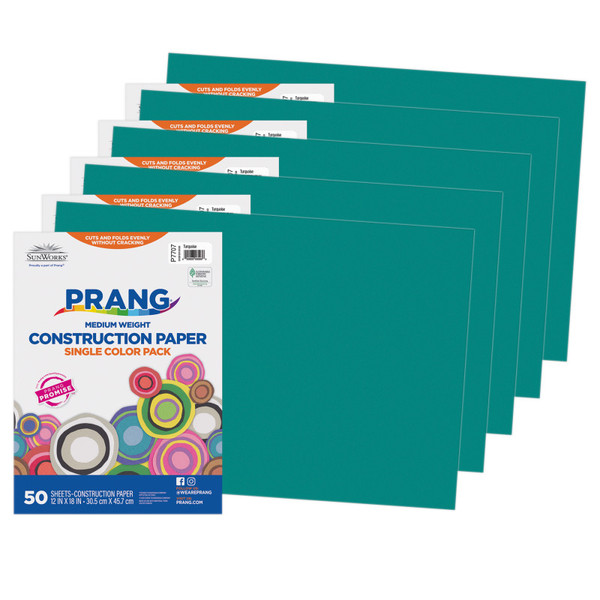 Prang Construction Paper, Medium Weight, Turquoise, 12" X 18", 50 Sheets Per Pack, 5 Packs PAC7707-5