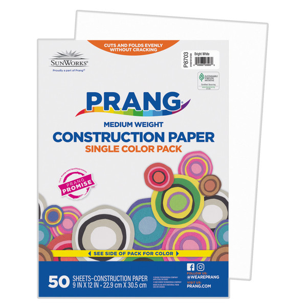 Prang Construction Paper, Medium Weight, Bright White, 9" X 12", 50 Sheets PAC8703