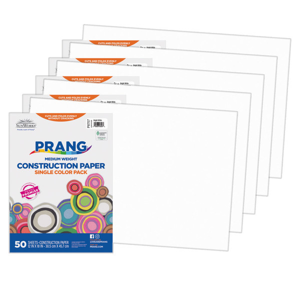 Prang Construction Paper, Medium Weight, Bright White, 12" X 18", 50 Sheets Per Pack, 5 Packs PAC8707-5