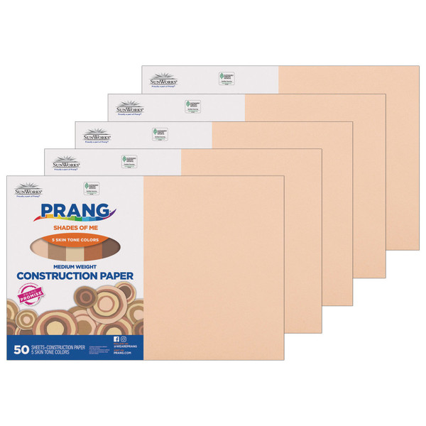 Prang Shades Of Me Construction Paper, Medium Weight, 5 Assorted Skin Tone Colors, 12" X 18", 50 Sheets Per Pack, 5 Packs PAC9512-5