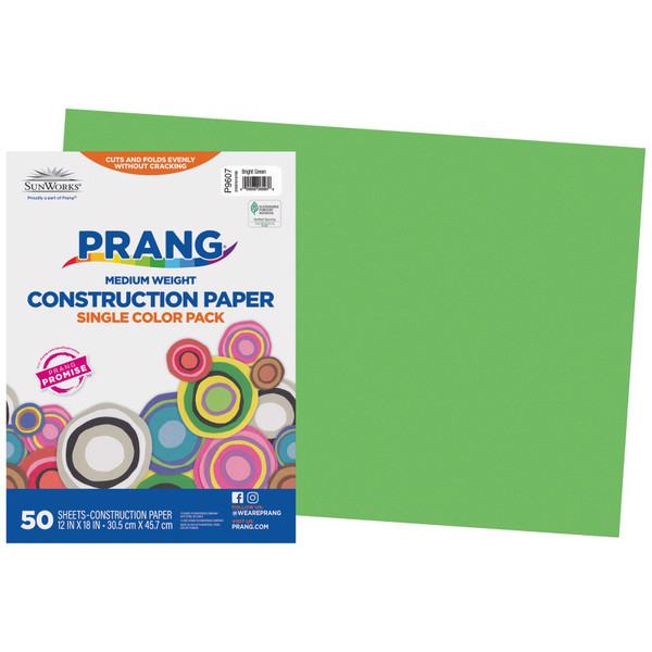 Prang Construction Paper, Medium Weight, Bright Green, 12" X 18", 50 Sheets PAC9607
