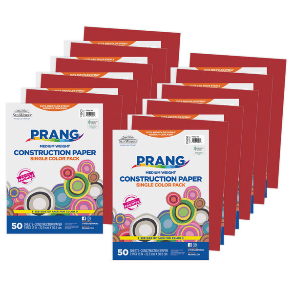 Prang Construction Paper, Medium Weight, Holiday Red, 9" X 12", 50 Sheets Per Pack, 10 Packs PAC9903-10