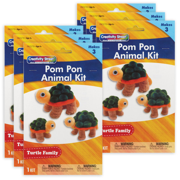 Creativity Pom Pon Animal Kit, Turtle Family, Assorted Sizes, 3 Turtles Per Kit, 6 Kits PACAC5710-6