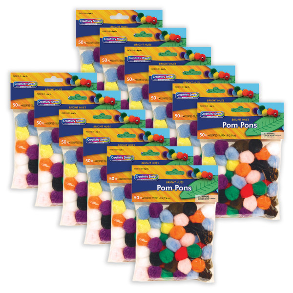 Creativity Pom Pons, Bright Hues, 1", 50 Per Pack, 12 Packs PACAC811301-12