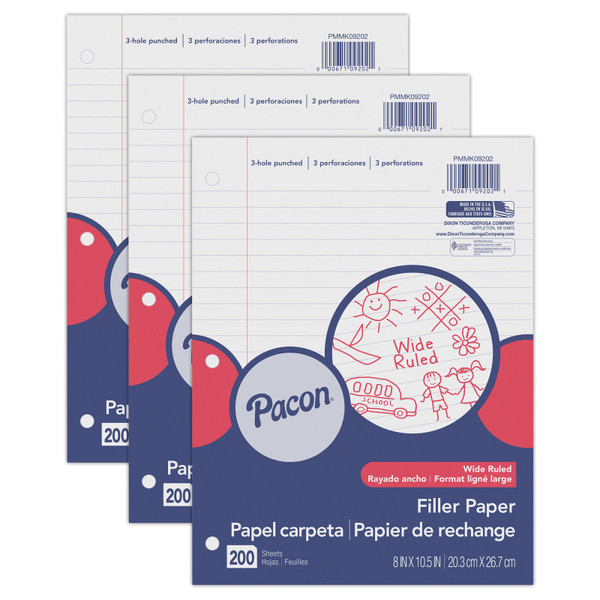 Pacon Filler Paper, White, 3-Hole Punched, Red Margin, 3/8" Ruled, 8" X 10.5", 200 Sheets Per Pack, 3 Packs PACMMK09202-3