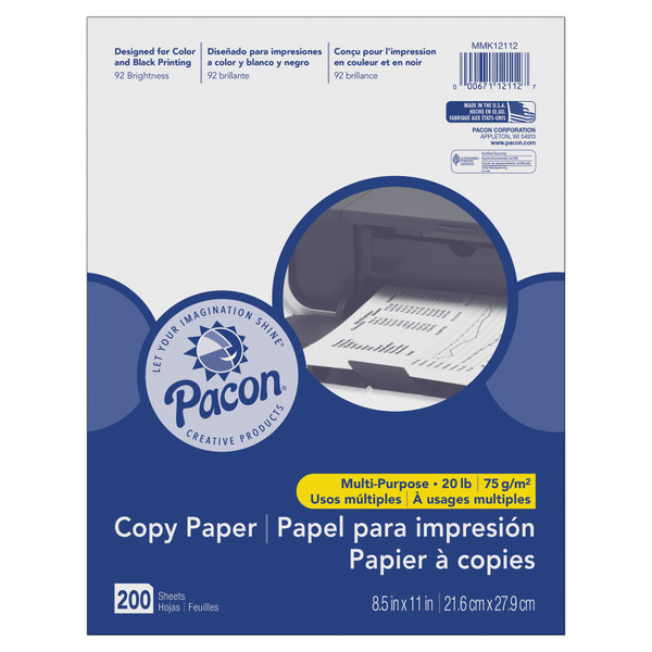 Pacon Multi-Purpose Paper, White, 20 Lb., 8-1/2" X 11", 200 Sheets PACMMK12112