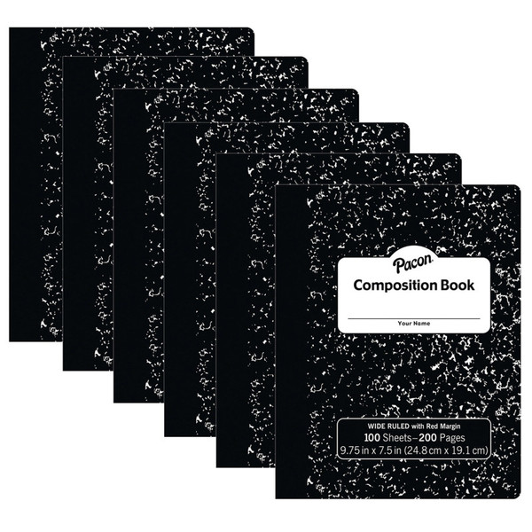 Pacon Composition Book, Black Marble, 3/8" Ruled W/Margin, 9-3/4" X 7-1/2", 100 Sheets Per Book, Pack Of 6 PACMMK37101-6