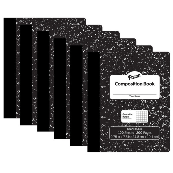 Pacon Composition Book, Black Marble, 1/5" Quadrille Ruled, 9-3/4" X 7-1/2", 100 Sheets, Pack Of 6 PACMMK37103-6