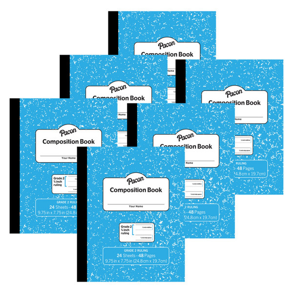 Pacon Composition Book, Grade 2, Blue Marble, 3/4" X 3/8" X 3/8" Ruled, 9-3/4" X 7-3/4", 24 Sheets, Pack Of 6 PACMMK37138-6