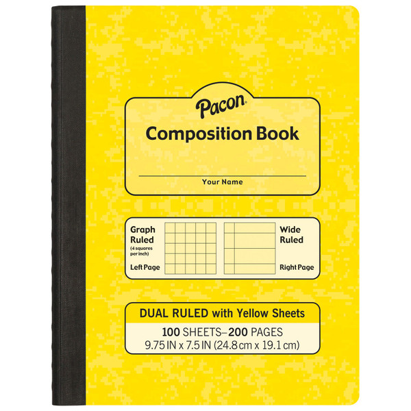 Pacon Dual Ruled Composition Book, Yellow, 1/4 In Grid And 3/8 In (Wide) 9-3/4" X 7-1/2", 100 Sheets PACMMK37163