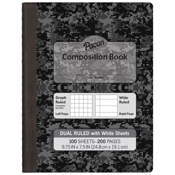 Pacon Dual Ruled Composition Book, Dark Gray Marble, 1/4" Grid & 3/8" Wide Ruled, 9-3/4" X 7-1/2", 100 Sheets PACMMK37164