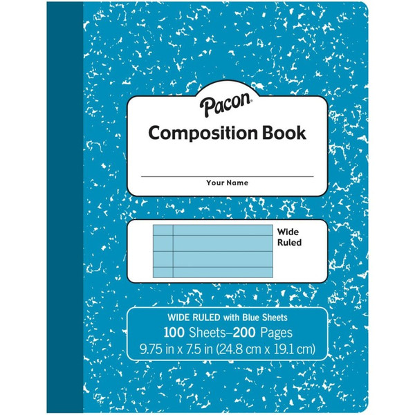 Pacon Pastel Composition Book, Blue Marble Cover, Light Blue Sheets, 3/8" Ruled, 9-3/4" X 7-1/2", 100 Sheets PACMMK37170