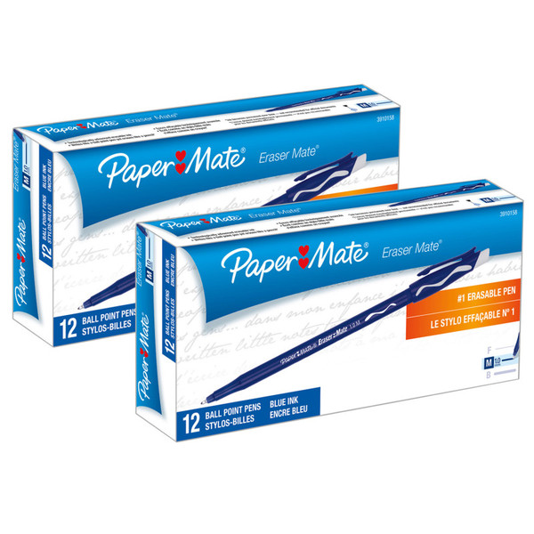 Paper Eraser Mate Erasable Pen, Medium Point, Blue, 12 Per Pack, 2 Packs PAP39101-2