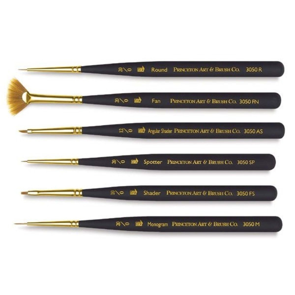 Princeton Mini-Detailer Brush Set, Synthetic Bristles, Short Handle Mixed Media Paintbrush, Black, 6 Pieces PBXP30506SET